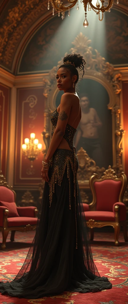 intricate baroque hall, self-assured female rapper with ornate baroque hairstyle, elegant rapping in decorated chambers, baroque style decor, English heritage style, high quality, realistic, photorealistic, sharp focus, vivid colors, ornate details, dramatic lighting