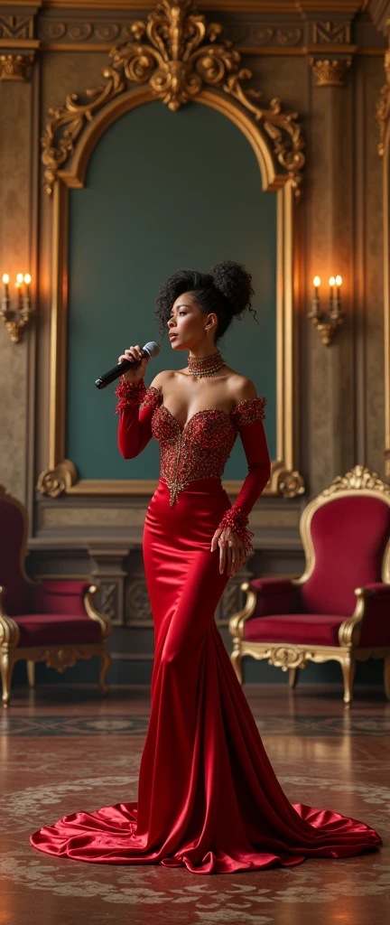 intricate baroque hall, self-assured female rapper with ornate baroque hairstyle, elegant rapping in decorated chambers, baroque style decor, English heritage style, high quality, realistic, photorealistic, sharp focus, vivid colors, ornate details, dramatic lighting