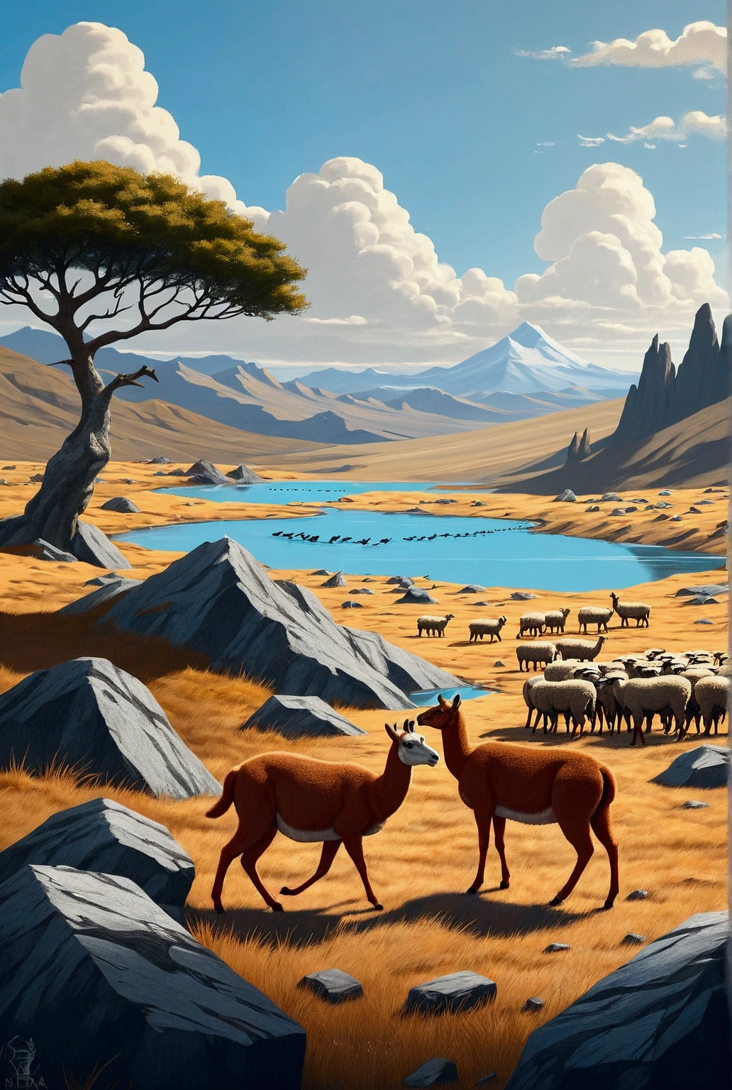 One of the Guanacos drinking water from the lagoon, and another Guanaco mixed among the flock of sheep