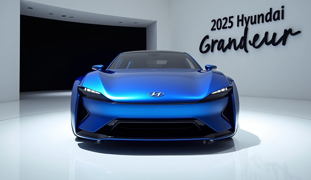A stunning, futuristic (2025 Hyundai Grandeur ) takes center stage in a luxury white showroom. The vibrant (blue) exterior gleams, drawing attention to its sleek, aerodynamic design and bold accents. The (. 2025 Hyundai Grandeur) " is prominently displayed in large, metallic letters on the car, set against a dark wall. The ( front ) view showcases the cutting-edge innovation and technology of its time, inviting potential buyers to experience the future of automotive design and performance. This awe-inspiring image promises an unparalleled driving experience.