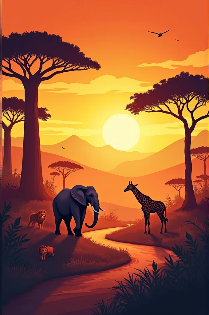 Make me a poster about this slogan Africa: A fiery journey through a wildlife safari. 

Just an easy poster easy to draw and in animation form
