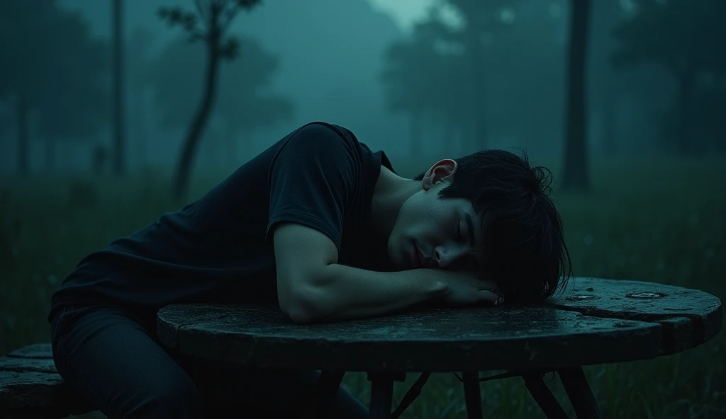 (Masterpiece:1.2,Highest quality,Ultra high resolution,very detailed,realistic,Ultra high resolution,8ก,Wallpaper,(Take photos in the room),(The image shows a detailed picture of a young man lying on a table while exhausted.),nighttime,Thailand,The quiet and eerie landscape,horror