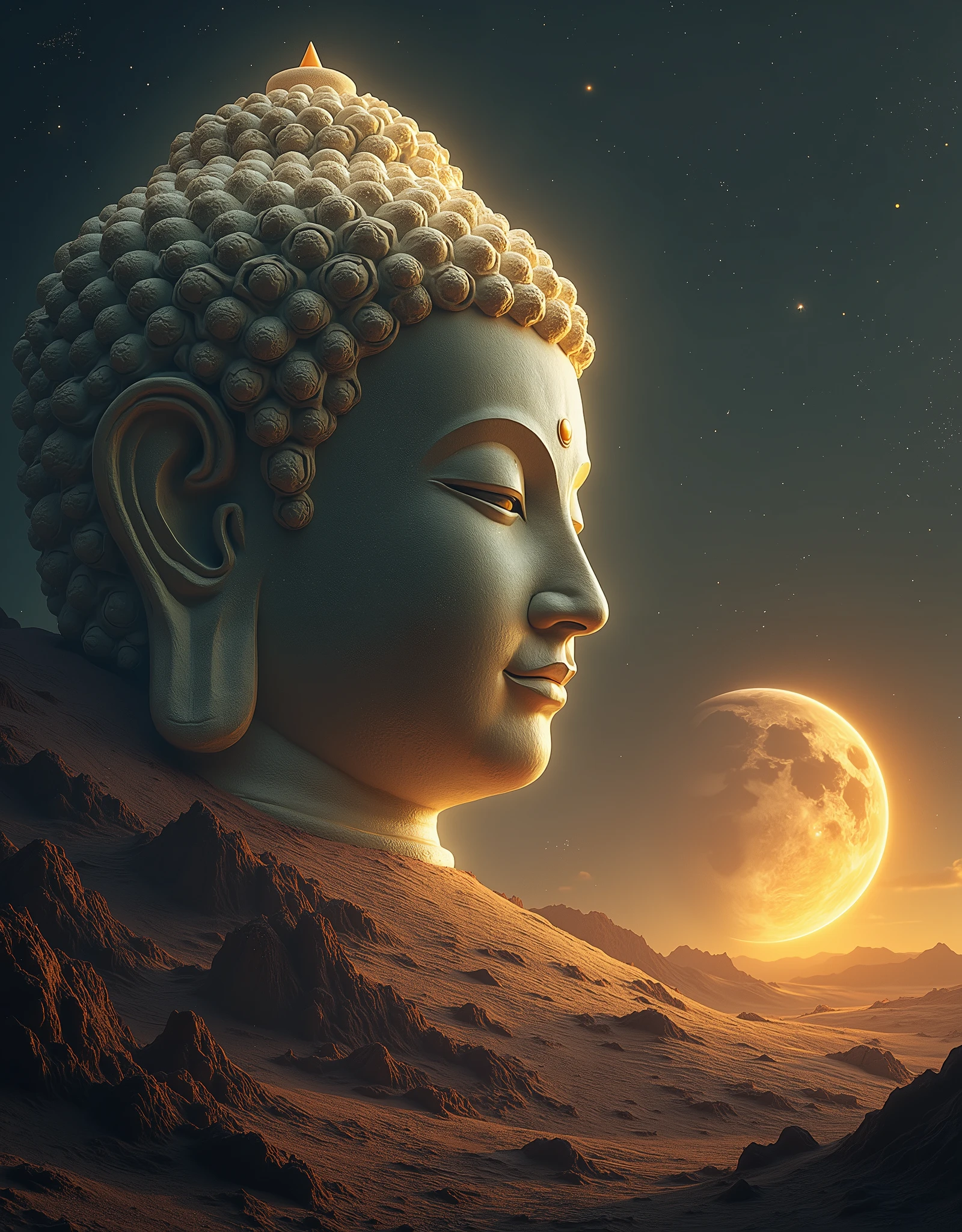 The huge transparent Buddha head is、Looking at the yellow planet in the soil of space，Glow effect，OC Rendering