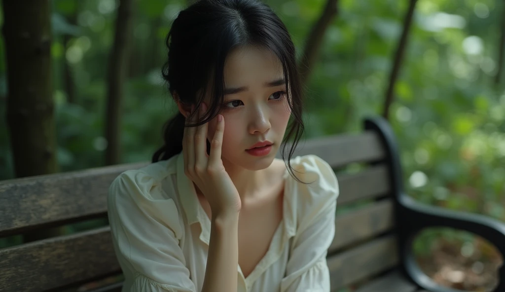 Beautiful woman sitting on a bench looking at her with a sad face, crying, 4k details