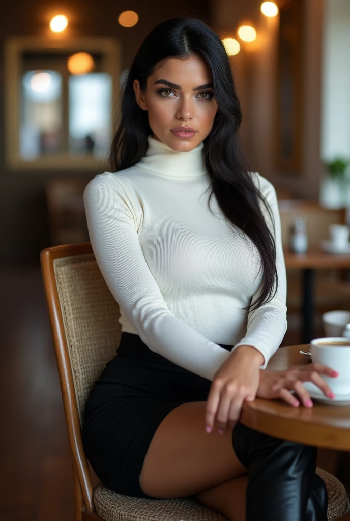 ultra realistic, photography, long black straight hair in a ponytail, (30 years old, hazel eyes, hourglass figure, perfect fit body, slightly tanned skin, natural big breasts), Long eye lashes, seductive eyes, Award Winning Glamour Photograph extremely detailed award winning glamour photograph, front lit, HDR, she is a vixen in a white turtleneck sweater, she wears a black skirt and black tights underneath, she wears high heel boots, she radiates confidence, she is sitting in a cafe, theres a cup of coffee on her table, she has her legs crossed