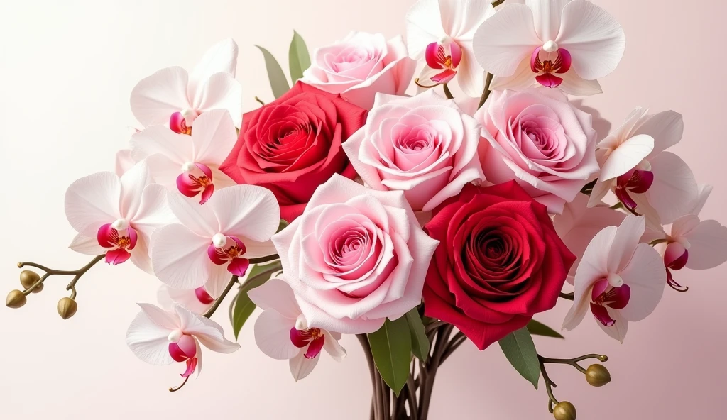 The background is off white. On the right side of the image, there is a bouquet of red and pink roses and white orchids. The roses are arranged in a way that they are overlapping each other, creating a beautiful and vibrant display. The flowers are in full bloom, with some leaves and stems visible. The overall color scheme is soft and delicate, with shades of pink, red, and white.