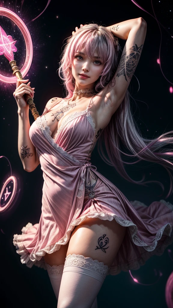 A beautiful mid 20s woman with a slender anime build, light lavender hair in a loose cascade, (pink inner thigh tattoos:1.42), standing in a contrapposto stance with a light smile, wearing a purple wrap dress, front of skirt is hiked up, white lace stockings, high-heeled purple boots, and a heavy bust, holding a magic staff above her head, spell casting pose with armpits showing, set against a starry void background, (pink glowing magic symbol circles:1.27), a swirl of energy around her feet, with extremely detailed facial features, hands, eyes, and intricate background details, rendered in 16k resolution with best quality and masterpiece style, under moody lighting