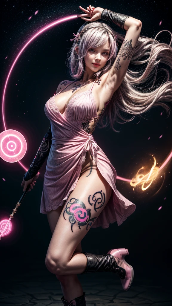 A beautiful mid 20s woman with a slender anime build, light lavender hair in a loose cascade, (pink inner thigh tattoos:1.42), standing in a contrapposto stance with a light smile, wearing a purple wrap dress, front of skirt is hiked up, white lace stockings, high-heeled purple boots, and a heavy bust, holding a magic staff above her head, spell casting pose with armpits showing, set against a starry void background, (pink glowing magic symbol circles:1.27), a swirl of energy around her feet, with extremely detailed facial features, hands, eyes, and intricate background details, rendered in 16k resolution with best quality and masterpiece style, under moody lighting