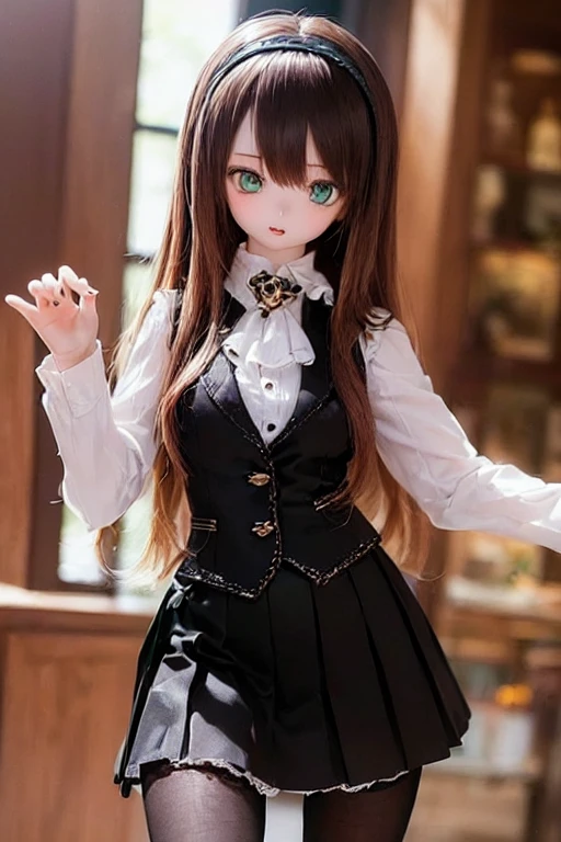 (SFW:2), photorealistic, realistic photo, 8k, ((highest quality)), ((masterpiece)), (extremely detailed), kukolnydom, doll, (mature woman, 21yo, 2, solo:1.6), ((cowboy shot, dynamic pose, slim, slender, skinny, medium breasts, hairband, ascot, vest, dress shirt, long puff sleeves, pleated skirt, black pantyhose)), (parted lips, green eyes, brown hair, long hair, plastic skin, looking at another, glass eyes, gradient eyes, shining eyes, detailed eyes:1.3)
