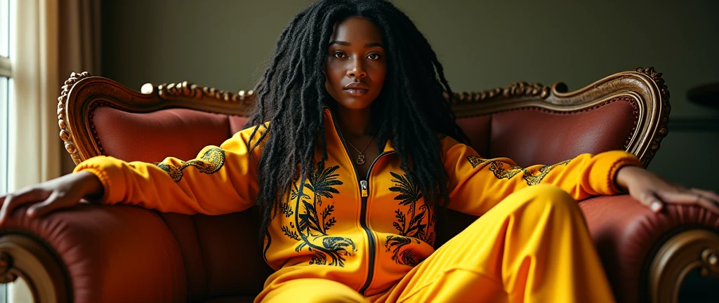 a Jamaican Caribbean woman with dreadlocks,wearing a tracksuit with black culture motifs,reclining on a baroque sofa with a deadpan expression and swagger posture,(best quality,4k,8k,highres,masterpiece:1.2),ultra-detailed,(realistic,photorealistic,photo-realistic:1.37),detailed face and body,HDR,UHD,studio lighting,ultra-fine painting,sharp focus,physically-based rendering,extreme detail description,professional,vivid colors,bokeh,digital painting,portrait,black culture,afro caribbean