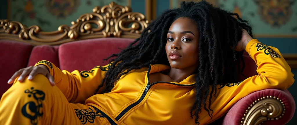 a Jamaican Caribbean woman with dreadlocks,wearing a tracksuit with black culture motifs,reclining on a baroque sofa with a deadpan expression and swagger posture,(best quality,4k,8k,highres,masterpiece:1.2),ultra-detailed,(realistic,photorealistic,photo-realistic:1.37),detailed face and body,HDR,UHD,studio lighting,ultra-fine painting,sharp focus,physically-based rendering,extreme detail description,professional,vivid colors,bokeh,digital painting,portrait,black culture,afro caribbean