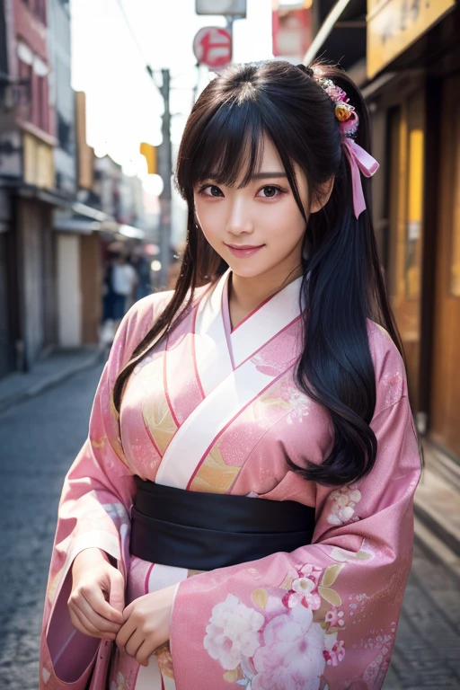 masterpiece, (Realistic:1.5), Realistic eyes, Asian woman, Highest quality, Beautiful lighting, Professional Lighting, Photon Mapping, Radio City, Physically Based Rendering,, kamado nezuko, One person, Black Hair, amount, hair ribbon, kimono, kimono, Long Hair, Multicolored Hair, Open your mouth, Pink Eyes, pink kimono, pink ribbon, ribbon, smile, very Long Hair, null, ((Old age)),, (RAW Photos, 8K Ultra HD, Film Grain)