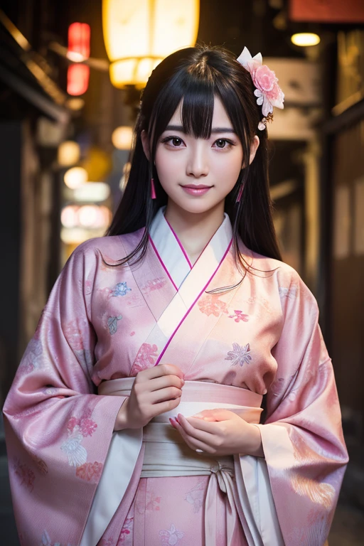 masterpiece, (Realistic:1.5), Realistic eyes, Asian woman, Highest quality, Beautiful lighting, Professional Lighting, Photon Mapping, Radio City, Physically Based Rendering,, kamado nezuko, One person, Black Hair, amount, hair ribbon, kimono, kimono, Long Hair, Multicolored Hair, Open your mouth, Pink Eyes, pink kimono, pink ribbon, ribbon, smile, very Long Hair, null, ((Old age)),, (RAW Photos, 8K Ultra HD, Film Grain)