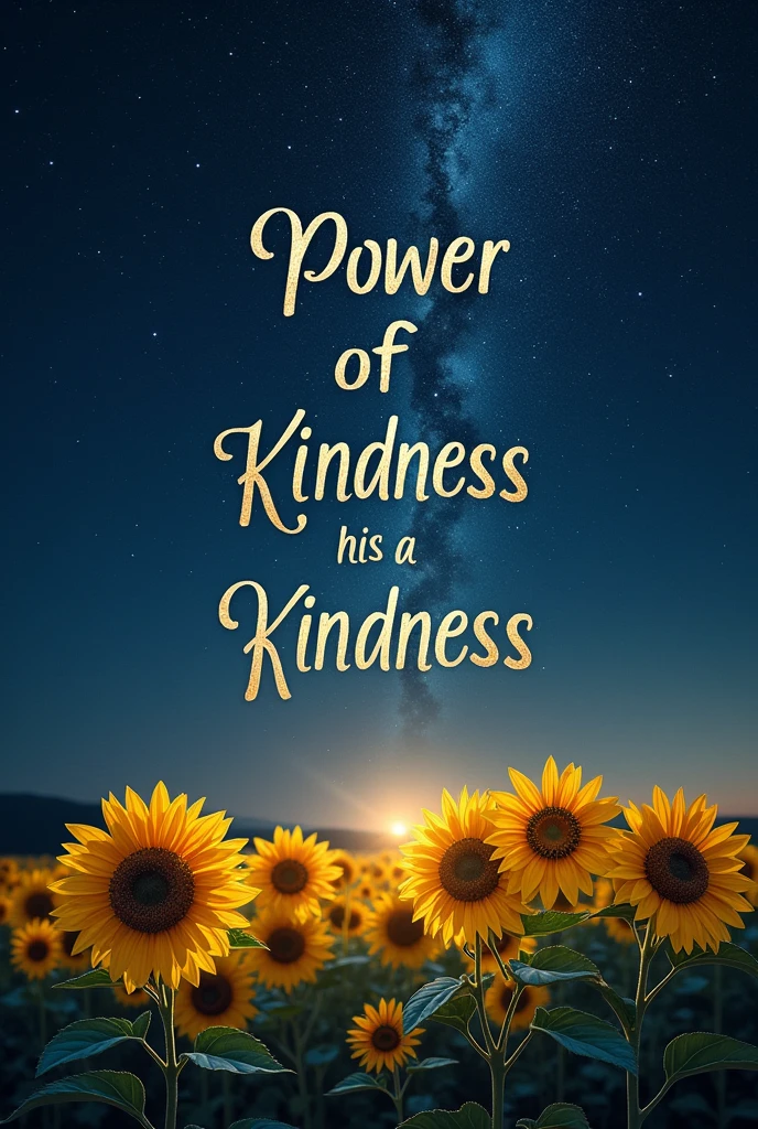 Create a motivational poster with the quote: 'Kindness makes you the most beautiful person in the world, no matter what you look like.' The background should feature a dark, starry night sky with a glowing Milky Way, above a serene field of sunflowers. The setting should evoke a peaceful and uplifting mood, with the gentle contrast between the dark sky and the bright sunflowers drawing the viewer’s attention to the quote."