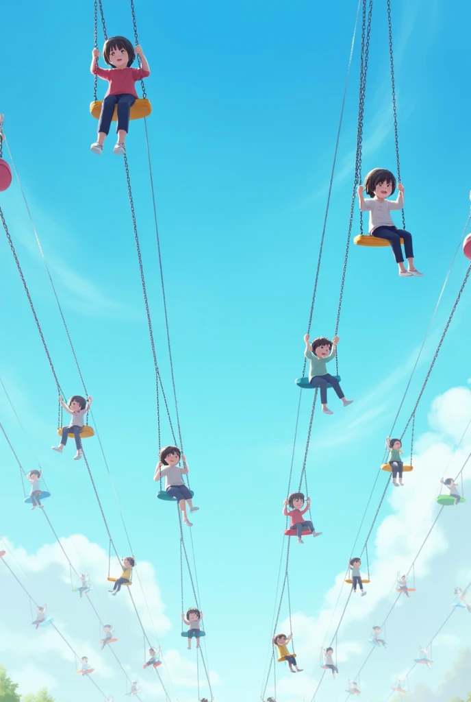 Swinging high into the sky, long chains of swings, blue sky, high Swinging, 