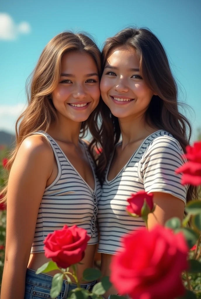 Teenagers and teenage girls,Two people,Wearing a striped top,blue sky,Red roses,Reality,Realistic Photography