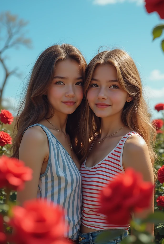 rs and teenageTwo people,Wearing a striped top,blue sky,Red roses,Reality,Realistic Photography