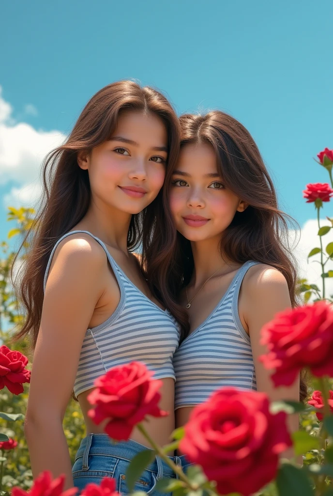 Teenagers and teenage girls，Two people，Wearing a striped top，blue sky，Red roses，Reality，Realistic Photography