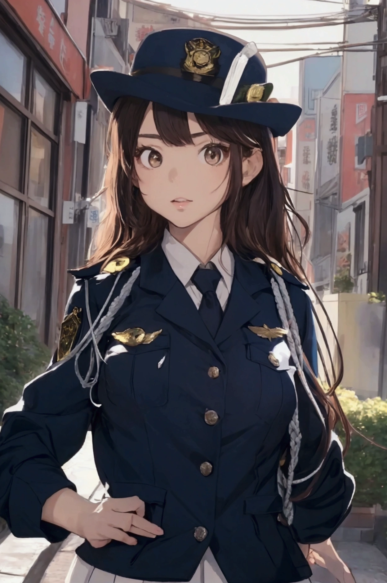 (ultra highres、ultra quality、Masterpiece、8k),A girl with light hair drawn in high resolution policewoman.japannse police woman、Young and cute 、Asian woman,s hot, Japanese Model, Cute Core, Chubby、wear a hat 、big breast、Town、White blouse
