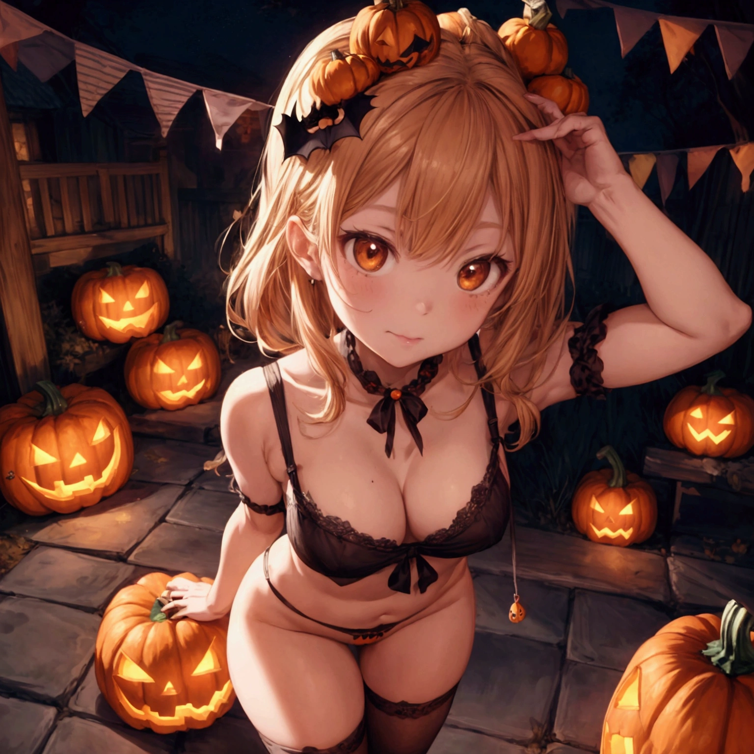 NSFW, ((masterpiece, best quality, extremely detailed, absurdres)),Please draw a realistic, high-definition animated illustration. The theme is Halloween, and the main character is a cute girl wearing a pumpkin on her head. She is dressed in her underwear, but her face is well hidden by the pumpkin mask and she is shyly posing in a cute pose. The background depicts cute monsters such as ghosts, bats, and jolly skeletons enjoying the Halloween festivities with snack candy. Decorated with lanterns, spider webs, and Halloween decorations, the background has a bright and lively atmosphere. The style has a dramatic touch, with deep shadows and a storybook feel, yet still retaining elements of animation. --sexy, --erotic, --adult, --underwear, --pumpkin head, --snack candy
