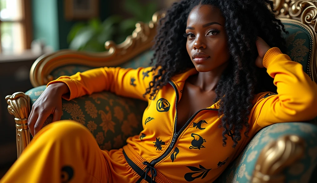 a Jamaican Caribbean woman with dreadlocks,wearing a tracksuit with black culture motifs,reclining on a baroque sofa with a deadpan expression and swagger posture,(best quality,4k,8k,highres,masterpiece:1.2),ultra-detailed,(realistic,photorealistic,photo-realistic:1.37),detailed face and body,HDR,UHD,studio lighting,ultra-fine painting,sharp focus,physically-based rendering,extreme detail description,professional,vivid colors,bokeh,digital painting,portrait,black culture,afro caribbean