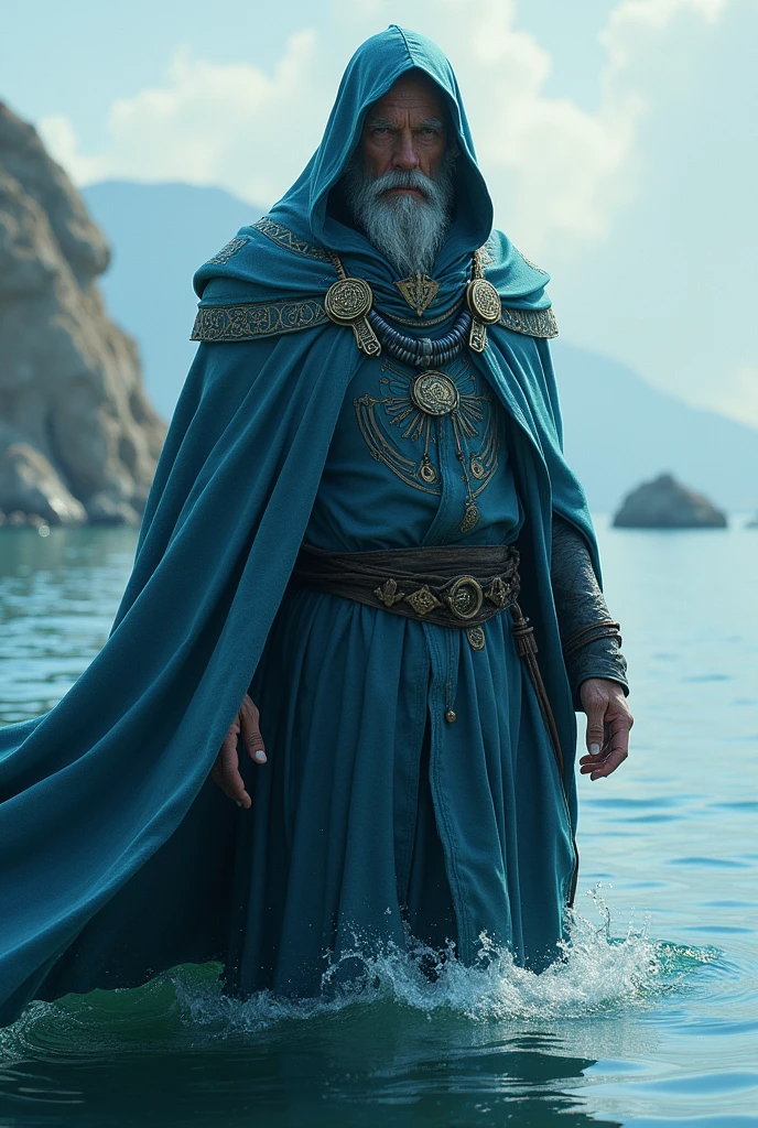 Grandmaster of Water, male, realistic, hooded cloak, handsome, mystic