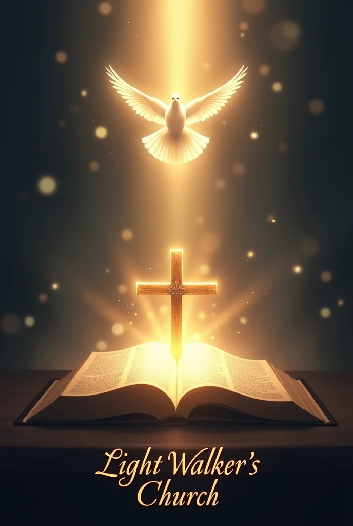 Bright Light shone from Bible with the cross in the middle and holy spirit on top like a dove and write "Light walker's church" at the bottom.