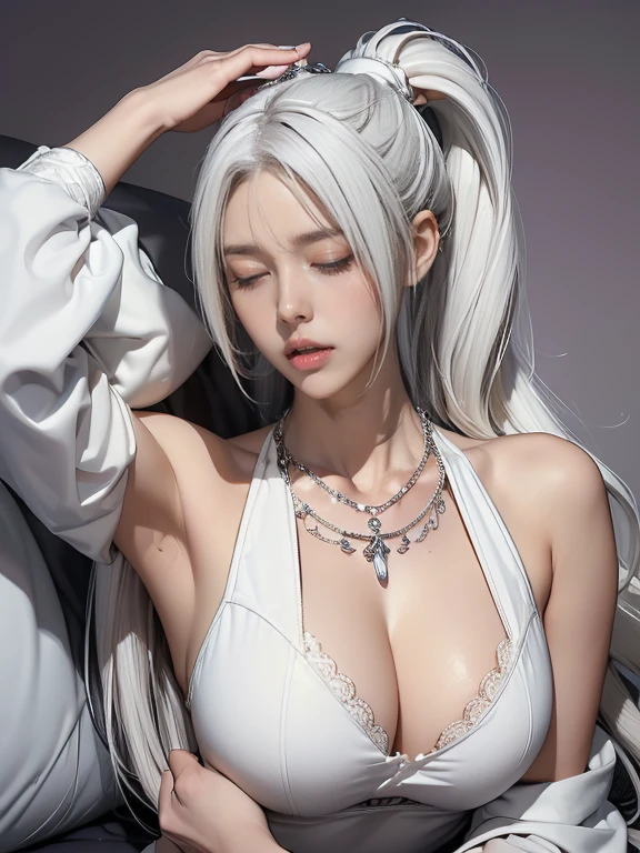(masterpiece, best quality), (性感韓國流行Female singer明星被綁為性奴隸:1.6)(Tall and skinny:0.8),Set in a medieval fantasy world:1.0、 ( on the bed:1.3), night, Detailed aspects, very attractive:1.0,
((Sleep with your mouth open:1.5))
(White hair tied into a high ponytail,Very long hair:1.6) (frown of pain:1.5) (Sad and want to cry:1.5) (Very sad expression:1.5)
(Female singer'Clothes were torn in two,The clothes are sexy:1.7)
Big breasts:1.4
(close her eyes, She wants to sleep:1.6)
(necklace:1.4)
,(It hurts to open your mouth:1.5),
Exposed armpits:1.0 (Large Breasts:1.0)、 (legs spread lustfully :1.3). full-body shot:1.3. Lower chest exposed:1.5
