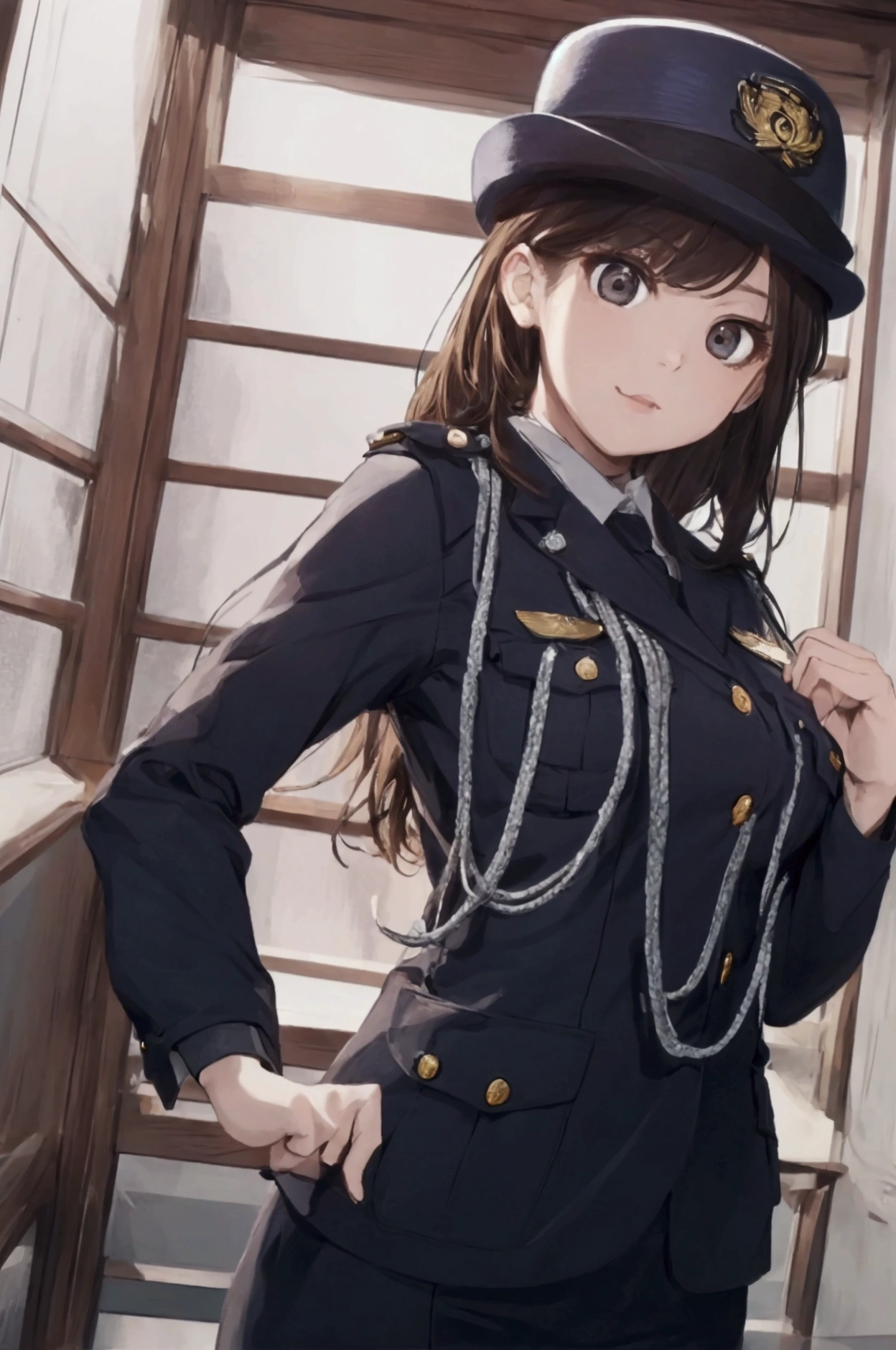 (ultra highres、ultra quality、Masterpiece、8k、5 fingers、),A girl with light  hair drawn in high resolution policewoman.japannse police woman、Young and cute 、Asian woman,s hot, Japanese Model, Cute Core,  , Chubby、wear a hat 、big breast