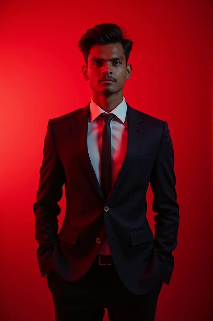20 year old Indian boy with fair skin and narrow body posing for a Linkedin picture in formals in red light background