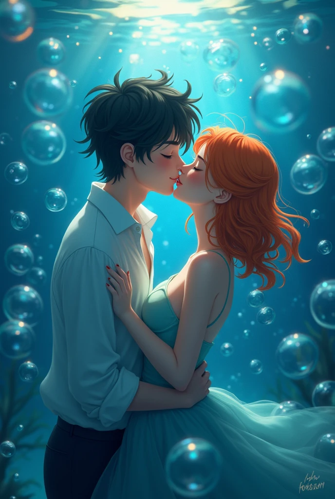Wallpaper,masterpiece,High resolution,8K, anime
( ash_pokemon; black hair, brown eyes)(Misty_Pokemon)(1 18-year-old girl)
(Orange Hair,one side up hair, close eyes,Small breasts,Skinny, beautiful smile) cute girl, siren, kiss couple, kiss underwater,love
Attention to detail, high quality, Surrounded by bubbles、A world of deep blue、Overall, a work in deep blue tones