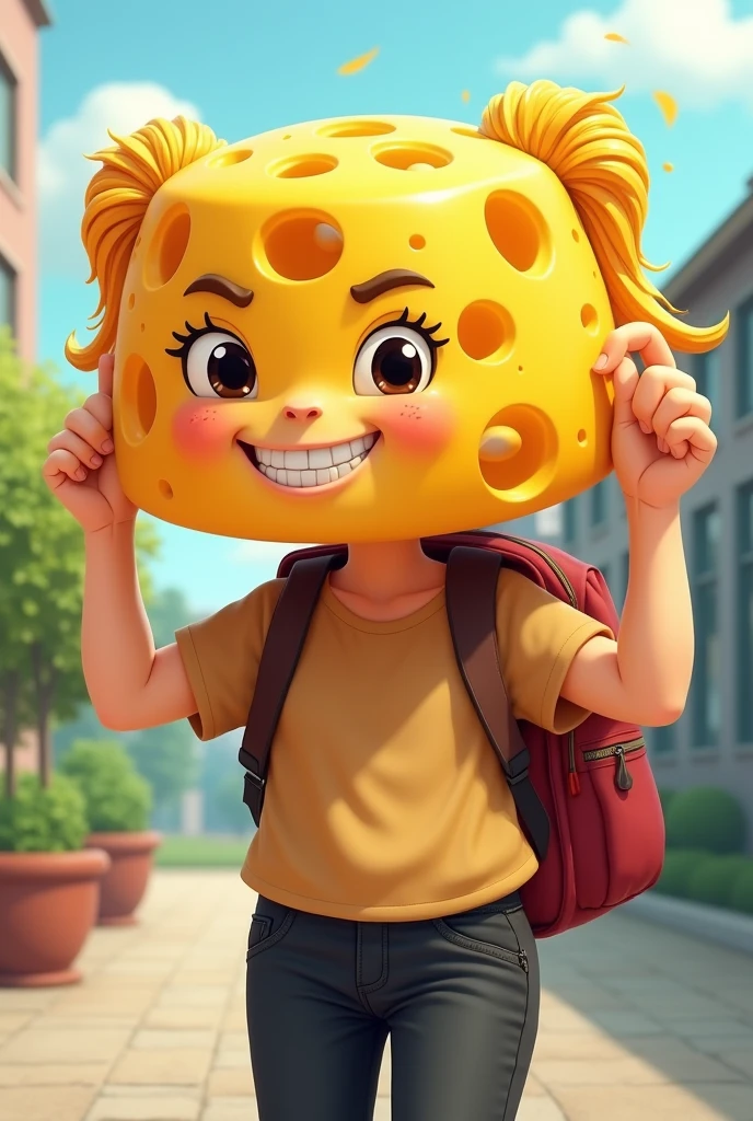 create a cartoon cheese girl that wears a brown tshirt and black pants and lifting a school bag