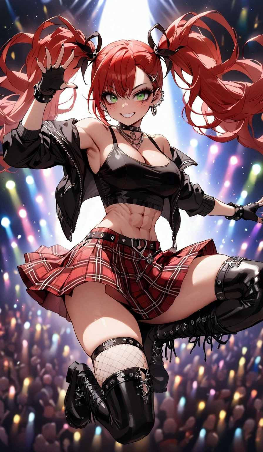 woman, grin, curly red hair in pig tails with ribbons, green eyes, black eyeshadow, wearing crop top black shirt, black jacket, red plaid skirt, black knee high boots, black fingerless gloves, exposed shoulders, large breasts, freckles, abs, cleavage, looking at viewer, masterpiece, best quality, Holo-Punk Style, dancing on stage, rockstar, make up, eyelashes, fish net undershirt, fish net stockings, (full body)