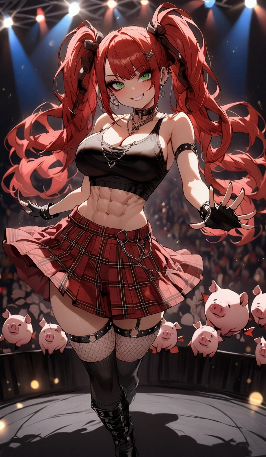 woman, grin, curly red hair in pig tails with ribbons, green eyes, black eyeshadow, wearing crop top black shirt, black jacket, red plaid skirt, black knee high boots, black fingerless gloves, exposed shoulders, large breasts, freckles, abs, cleavage, looking at viewer, masterpiece, best quality, Holo-Punk Style, dancing on stage, rockstar, make up, eyelashes, fish net undershirt, fish net stockings, (full body)