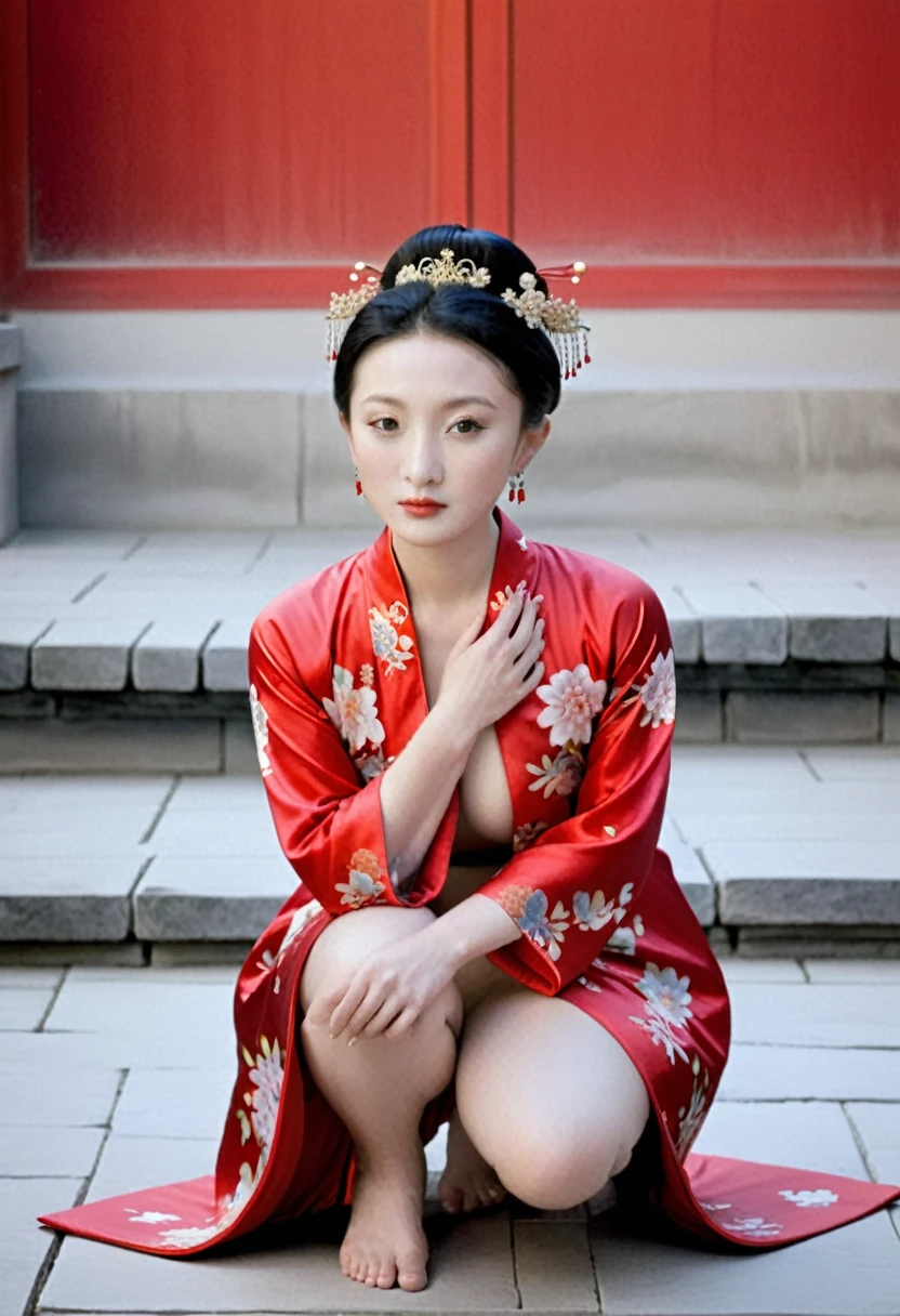 Female emperors of the Qing Dynasty, A naked woman wearing a red floral patterned Hanfu jacket, crouching with her legs open, seen from the front, Outside the Qing Dynasty Palace