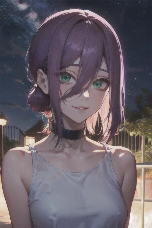 (Highest quality)、(Highest quality)、cut、Chainsaw Man、cute、(choker).eyes are emerald、Her hair is purple、Short Bob、Beautiful night view、whole body、detailed、強力なdetailed、cut、(A kind smile).