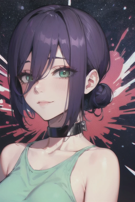 (Highest quality)、(Highest quality)、cut、Chainsaw Man、cute、(choker).eyes are emerald、Her hair is purple、Short Bob、Beautiful night view、whole body、detailed、強力なdetailed、cut、(A kind smile).