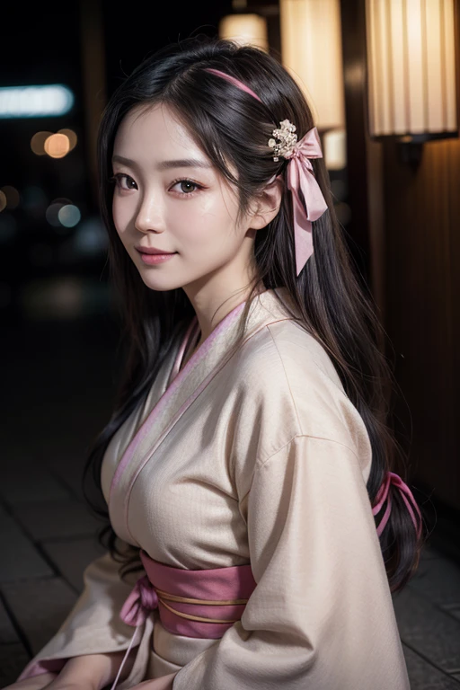 masterpiece, (Realistic:1.5), Realistic eyes, Asian woman, Highest quality, Beautiful lighting, Professional Lighting, Photon Mapping, Radio City, Physically Based Rendering,, kamado nezuko, One person, Black Hair, amount, hair ribbon, kimono, kimono, Long Hair, Multicolored Hair, Open your mouth, Pink Eyes, pink kimono, pink ribbon, ribbon, smile, very Long Hair, null, ((Old age)),, (RAW Photos, 8K Ultra HD, Film Grain)