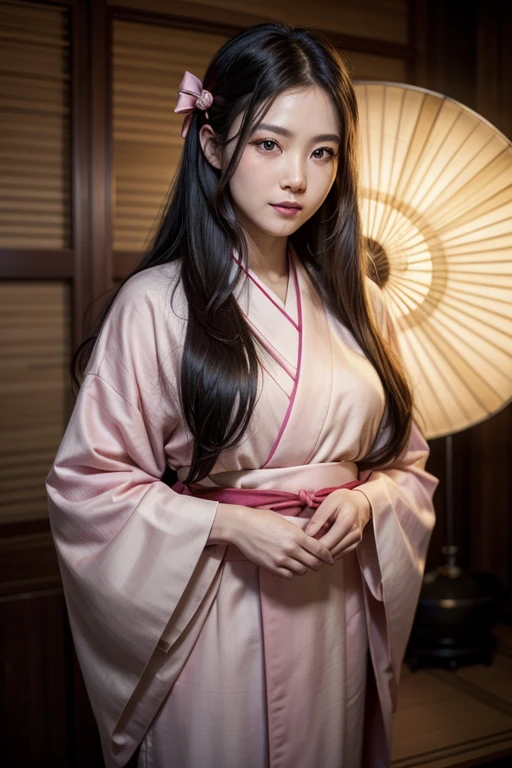 masterpiece, (Realistic:1.5), Realistic eyes, Asian woman, Highest quality, Beautiful lighting, Professional Lighting, Photon Mapping, Radio City, Physically Based Rendering,, kamado nezuko, One person, Black Hair, amount, hair ribbon, kimono, kimono, Long Hair, Multicolored Hair, Open your mouth, Pink Eyes, pink kimono, pink ribbon, ribbon, smile, very Long Hair, null, ((Old age)),, (RAW Photos, 8K Ultra HD, Film Grain)