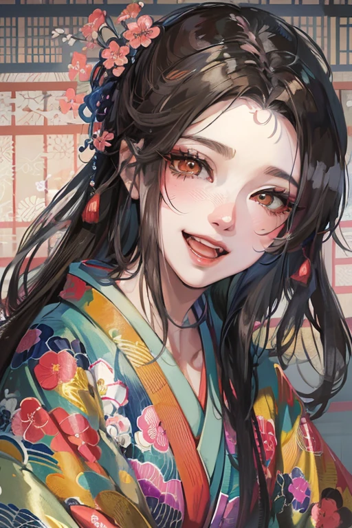 A beautiful woman in a kimono shows her upper white teeth、Vividly colored Japanese Ukiyo-e style illustrations、SeaArt creates stunning illustrations of beautiful women in kimono、Brown-black long hair、Full Body Style、Beautiful digital illustrations,、Beautiful digital painting, Anime CG art, Detailed digital anime art,  Beautiful anime portraits