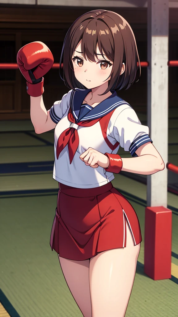 ((masterpiece, Highest quality, Very detailed, Very nice 8K CG wallpaper)), , A little thick, Medium Hair, Dark reddish brown hair, short hair, Brown eyes,Chinese boxing player、saylor styled uniform、Large bust、Sailor Suit、mini skirt、Chinese boxing、Cute expression、InSide the 柔道 GymnaSium、、On the tatami、discovery、One person&#39;S、Full body standing、rest、Topaz、幼い頃Chinese boxing家によって育てられた、トーナメントで優勝したThe strongest woman、Celebrity Rank、いじめっ子を倒したThe strongest woman、The strongest woman&#39;He won&#39;Even if she is punched or thrown, she doesn't flinch.、The strongest woman&#39;Don&#39;Even if her stamina is in danger, she doesn't flinch、200人のいじめっ子をやっつけたThe strongest woman、信じられないほど強い握力を持つThe strongest woman、After the battleの汗の臭いはまだ残っている.、親友を助けたThe strongest woman、After the battleの服は汗の臭いがする、The StrongeSt Woman Who Defeated a Group of BullieS、The strongest woman who fought back with her Strength、The strongest woman with an extremely Strong guard、The strongest woman, Strength enough to disable his opponent&#39;Attack、The strongest woman, Unwavering Strength、The strongest woman with extremely Strong arm and hand grip Strength、Sweating、After the battle、There are some inconspicuous scars and dirt left.