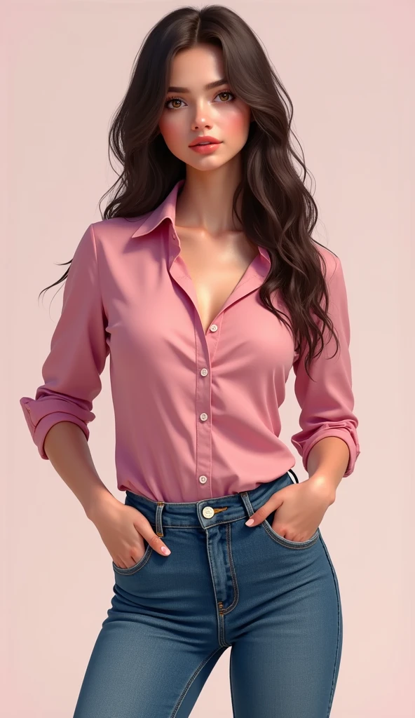 ((masterpiece,best quality,8k,highres)),((character concept art)), 1 female, young adult female, university student, 1, 170 cm height, (long brunette hair), brunette hair, (fair skin colour), ultra finely detailed eyes (brown eyes colour), sexy, pretty, hot, flirty, charming, funny, kind, playful, sugar baby, perfect body build ((supermodel)), ((intricate detail)), super finely detailed hands, ultra finely detailed fingers(((ten fingers))), wearing pink Oxford shirt and denim jeans (unbuttoned:1.8),(standing still), ((full body showcase)), ((show full body)), (no logos on background), (no logo), ((plain background)), ((plain background)), (((empty background)))