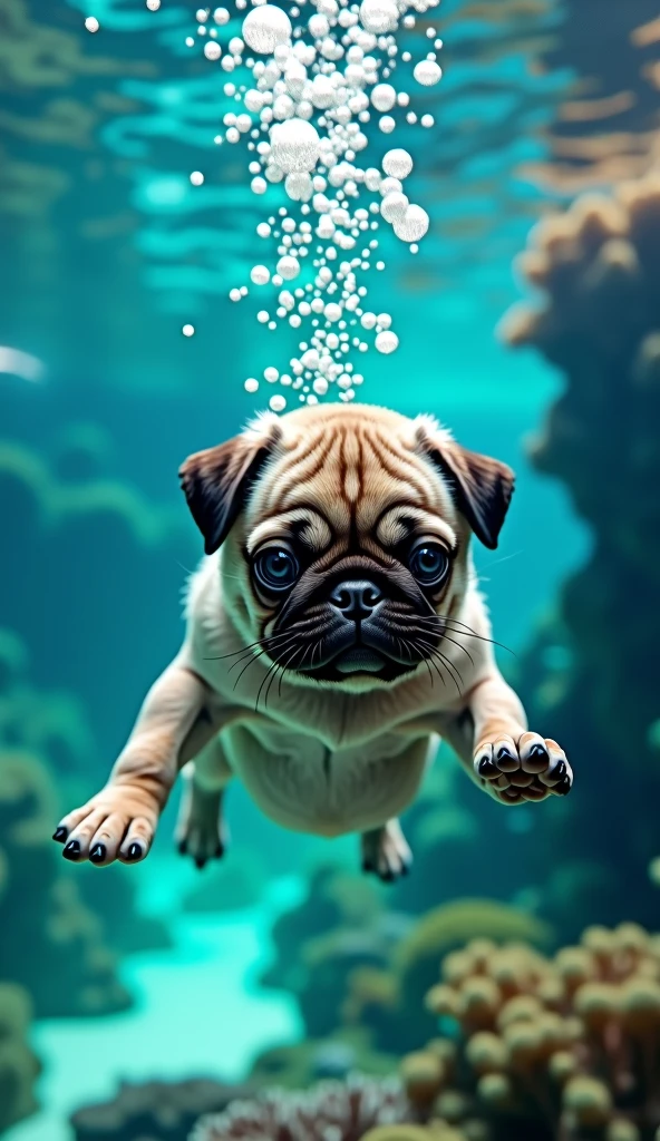 realistic photo, 34k, A puppy pug in swimming trunks, diving to the bottom of the sea, he exhales air and creates bubbles from under the water, photo