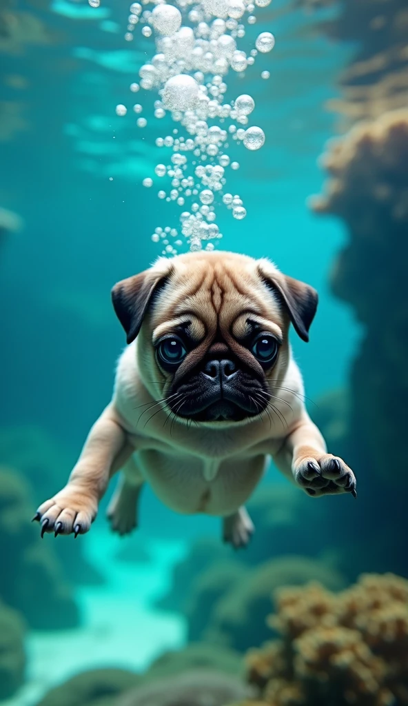 realistic photo, 34k, A puppy pug in swimming trunks, diving to the bottom of the sea, he exhales air and creates bubbles from under the water, photo