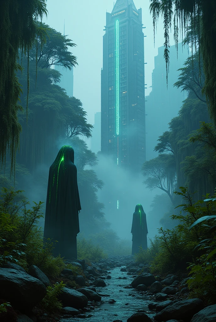 A cyberpunk extra terrestrial rain forest with extraterrestrial alien architecture with aliens in the forest mist smog and fog with digital uv glowing lightings twilight