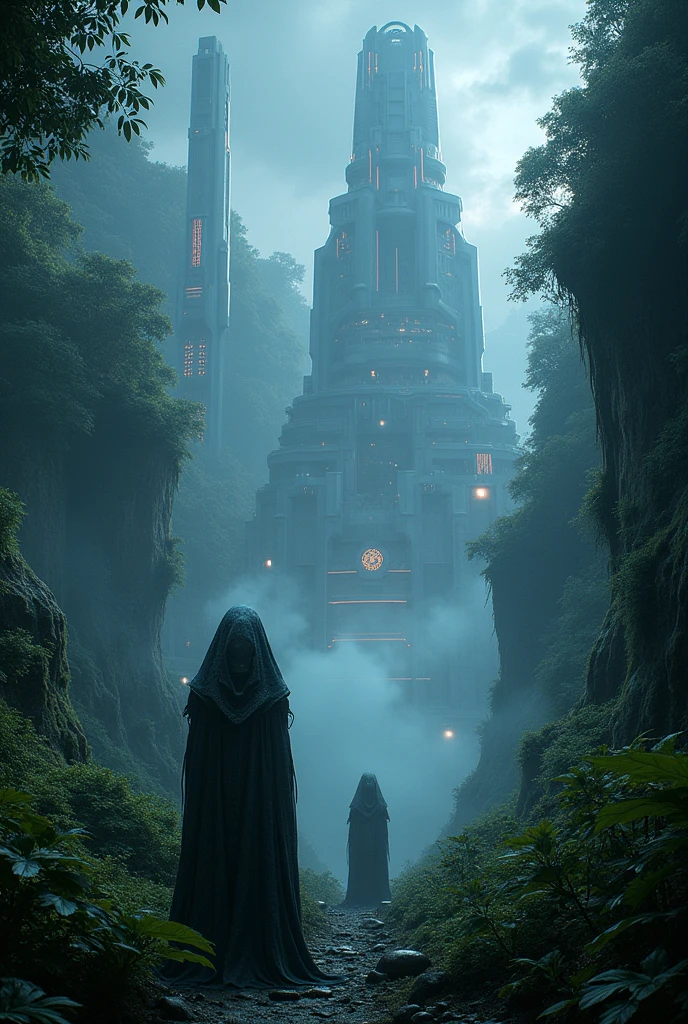 A cyberpunk extra terrestrial rain forest with extraterrestrial alien architecture with aliens in the forest mist smog and fog with digital uv glowing lightings twilight
