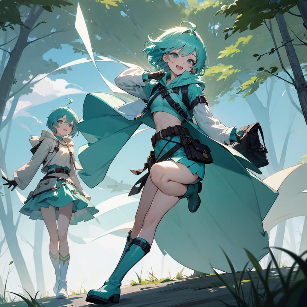 woman, female, Azure hair, short hair, curly, medium hair, aqua hair, aqua eyes, pale skin, glamorous, hoodie, mini skirt, long boots, belt, waist bag, with a scar, with a bandage, gloves, hood, fantasy, Solo, laughing, happy, wink, outside, in the forest