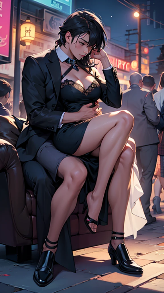 full body of girl in night party dress sitting on a man lap, perfect body
