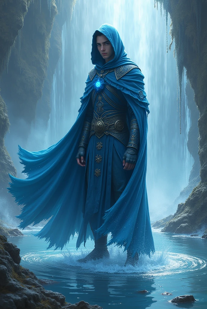 Grandmaster of Water, male, realistic, hooded cloak, handsome, mystic, young