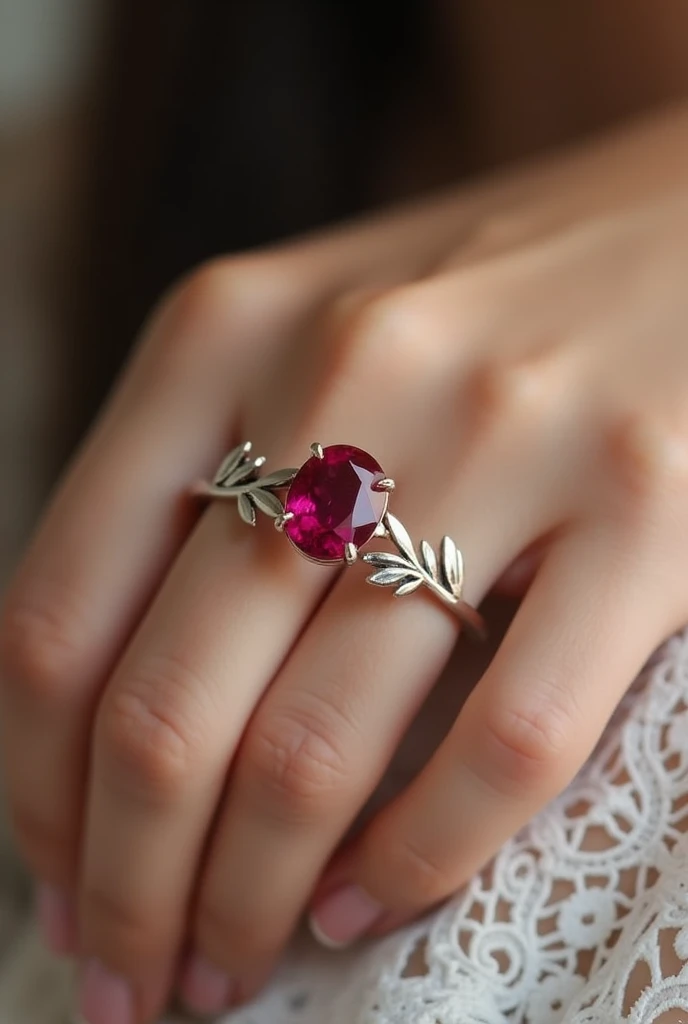 Thin engagement ring with olive branch and stone shape, a ruby